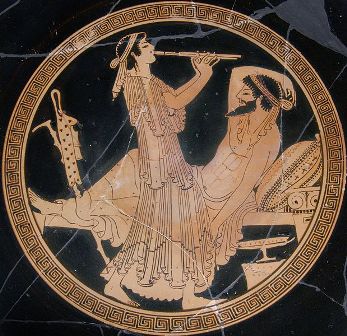 Convidado y música, copa del pintor de Colmar, siglo V a. C.