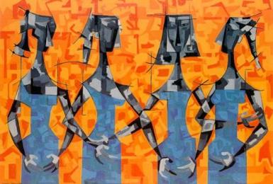 Cuatro mujeres en azul, fondo naranja, de Cundo Bermúdez