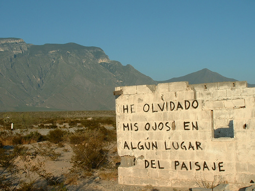 Pintada de Armando Alanis ("Accion Poetica") en la entrada del camino que lleva de la carretera Monterrey-Monclova (Km. 47) al museo Boca de Potrerillos. 